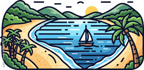 Tropical bay with a sailboat near a sandy beach and lush green hills under a bright sun