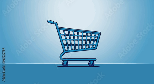 A blue shopping cart sits on a blue surface against a gradient background