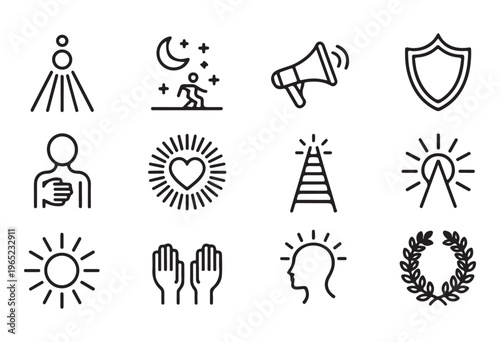 Person spotlight light, running man night, megaphone communication, shield defense person, heart radiance, lighthouse tower, hands greeting, enlightened head, laurel wreath achievement, sun icon