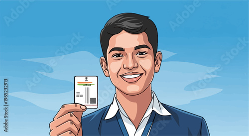 Young man proudly displays identification card against a sky background