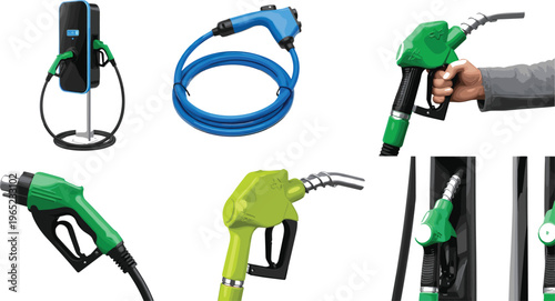 Electric car charger and fuel pump nozzle set EV charging station and petrol dispenser vector illustration