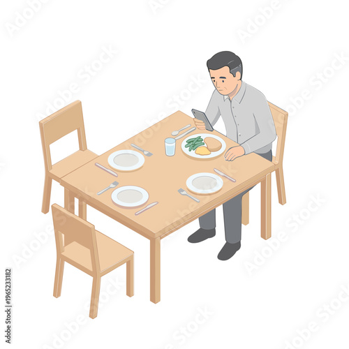 Man sits alone at table with food and checks phone