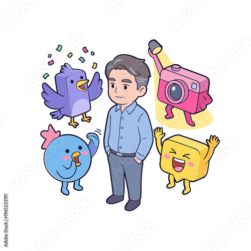 Man celebrates with colorful cartoon characters and camera
