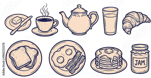 Breakfast food set outline sketch vector illustration