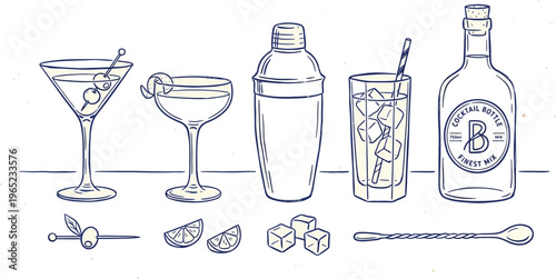 Cocktail elements set outline sketch vector illustration