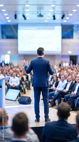 A business professional addressing a large audience at a conference.