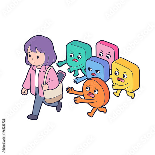 A girl walks with colorful emotive blocks in a lively outdoor setting.