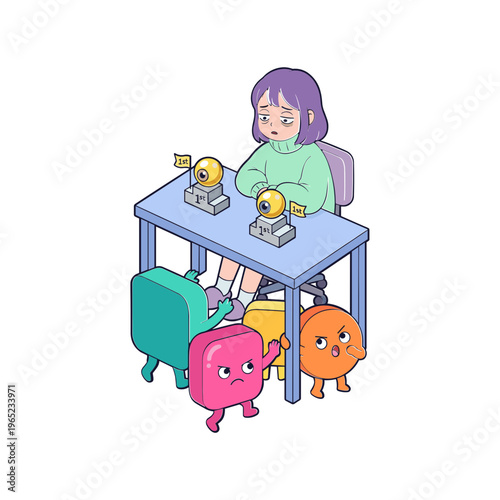 A girl sitting at a desk with three colorful cartoon characters around her.
