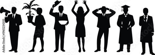 Business people silhouettes set with different professions including speaker, gardener, chef, graduate and office workers, human character collection isolated on white background