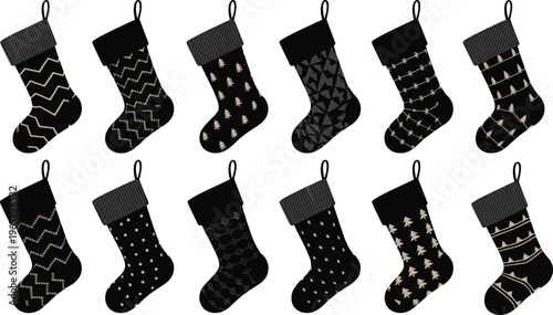Christmas stocking set with festive patterns and winter designs, decorative holiday socks collection isolated on white background for decoration, greeting cards and seasonal design