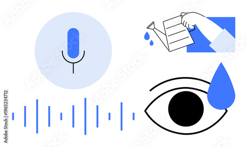 Voice recognition, communication, technology development, emotion visualization, digital assistance, sustainability. Microphone icon, sound waves hand watering plant and eye with water drop. Voice