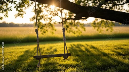 Slow motion pan of wooden swing gently swaying under tree in sunlit meadow at golden hour