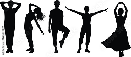 Dancing people silhouettes set with expressive poses, modern and traditional dance movements, human body motion collection isolated on white background for design