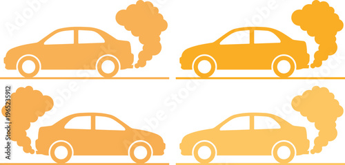 排気ガスを出す車のアイコンセット, 大気汚染と環境問題を象徴するオレンジ色の自動車イラスト, 4種類のベクター素材, 二酸化炭素排出や地球温暖化の概念図