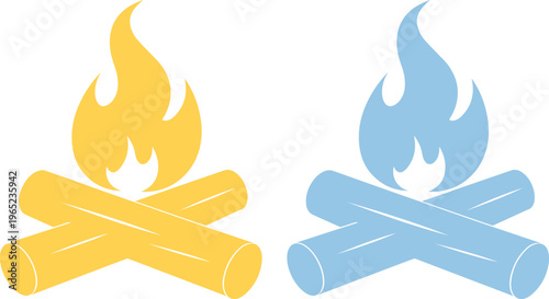 Campfire icon set, two stylized vector bonfires with yellow and blue flames, simple outdoor camping and warmth graphic resource, isolated fire pit illustration.