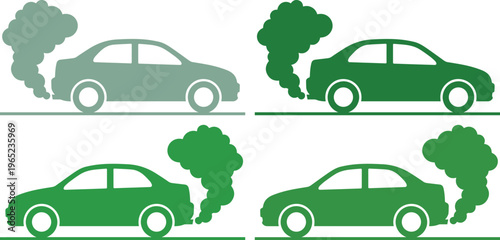 Green car exhaust emission vector icons, environmental pollution concept, eco-friendly transport, air quality and climate change graphic resources