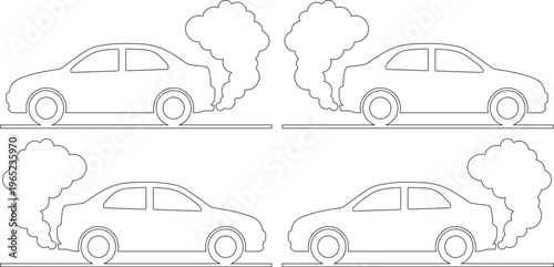 Car exhaust fumes pollution vector illustration. Automobile emission smoke, environmental impact, air quality degradation concept. Black and white line art graphic resource for eco-friendly