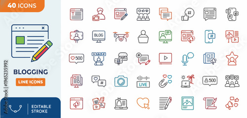 blogging line icons set for social media and website vector illustration
