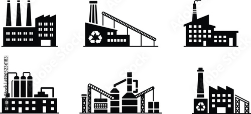 Industrial factory silhouettes set with manufacturing plants, recycling facilities, conveyor systems and chimneys, industry production icons collection isolated on white background