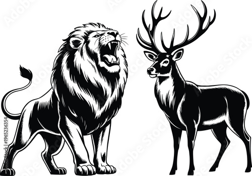 Lion and deer black and white illustration showing predator and prey contrast, detailed wildlife animals artwork isolated on white background for design