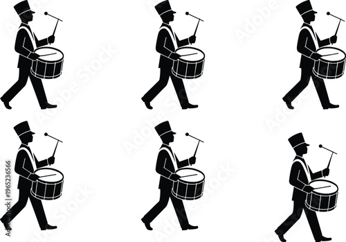 Marching band drummer silhouettes collection with uniform musicians playing snare drum, parade performance characters set isolated on white background for music design
