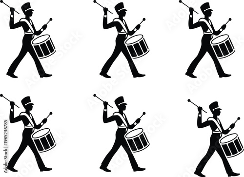 Marching band drummer silhouettes set with uniform musicians playing snare drum, parade performance characters collection isolated on white background for music design