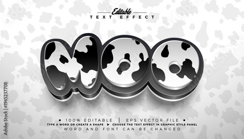 Moo Text Effect Design Editable Vector Graphic Style with Spotted Cowhide Texture Typography on White Background. Customizable Mockup Template Illustration for Animal Banner, Farm Flyer, Greeting Card