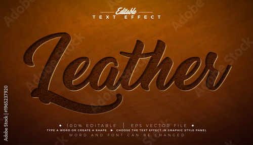 Leather Editable Text Effect Design Vector Graphic Style with Vintage Cut Out Skin Texture Typography Lettering on Brown Background. Scalable Embossed Craft Illustration Template for Banner, Flyer
