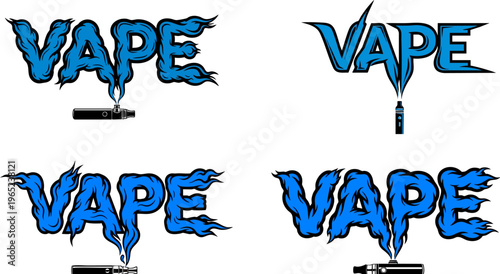 PrintCollection of four stylized graphic designs prominently featuring the word vape integrated with wispy blue smoke clouds and electronic cigarette illustrations.
