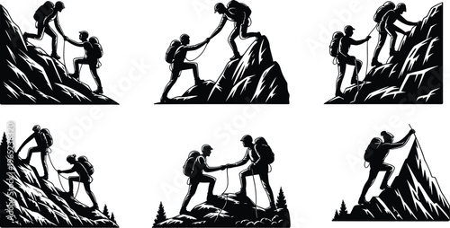 Silhouette of hikers climbing mountain helping each other, teamwork and support concept, outdoor adventure, partnership success reaching summit together in challenging alpine landscape