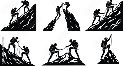 Silhouette hikers climbing steep mountain cliffs helping each other with rope, teamwork support concept, outdoor adventure partnership achieving summit success in rugged alpine terrain