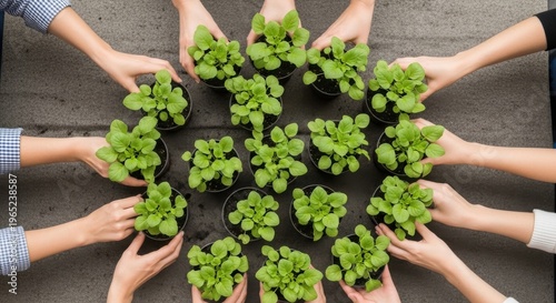 Hands collectively holding small green plants in a circular formation