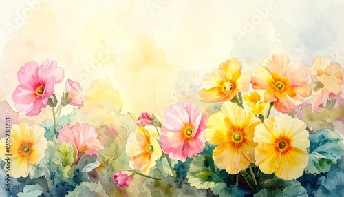 Watercolor Painting of Yellow and Pink Primroses with Abstract Background
