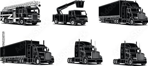 Truck silhouettes collection featuring fire engine, bucket crane truck, semi trailer and cargo transport vehicles, heavy duty transportation set isolated on white background