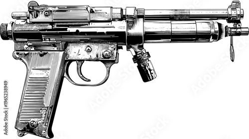 Detailed monochrome technical line drawing of a firearm, angled to the right