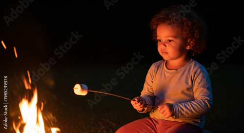 Young child roasting marshmallow by campfire at night  