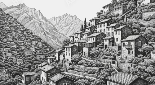 Black and White Illustration of a Mountain Village with Stone Houses