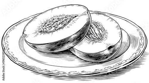 Line art drawing of two halved peaches on a decorative, porcelain plate