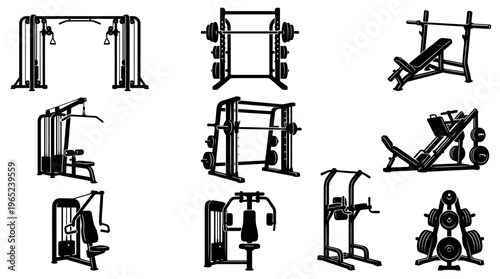 Eight black gym equipment silhouettes including squat rack, bench press, cable machine, and pull‑up station for strength training.