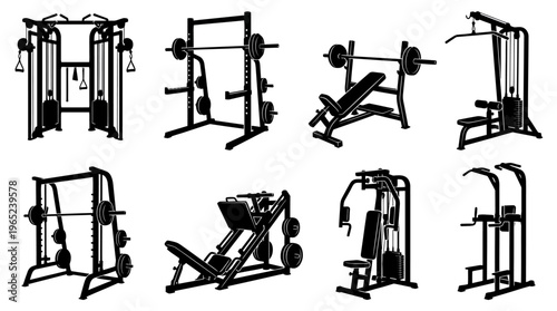 Eight black gym equipment silhouettes including squat rack, bench press, cable machine, and pull‑up station for strength training.