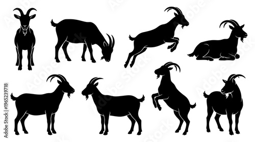 Eight black goat silhouettes in varied poses, standing, walking, jumping, rearing, and resting, symbolizing nature, livestock, and movement.