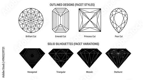 Outlined and solid gemstone cuts including brilliant, emerald, princess, pear, hexagonal, triangular, marquise, and starburst designs.