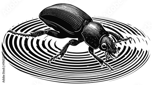 Engraved beetle over a radial pattern, stark black and white contrast, intricate detail