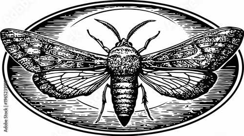 Woodcut-style illustration of a moth with patterned wings inside an oval frame