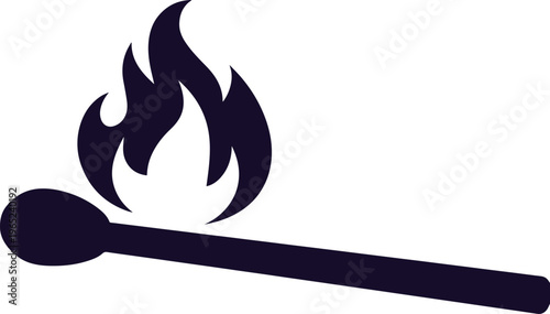 Burning matchstick vector icon, dark silhouette of a lit match, simple fire flame graphic element, essential safety symbol for warning and danger signs