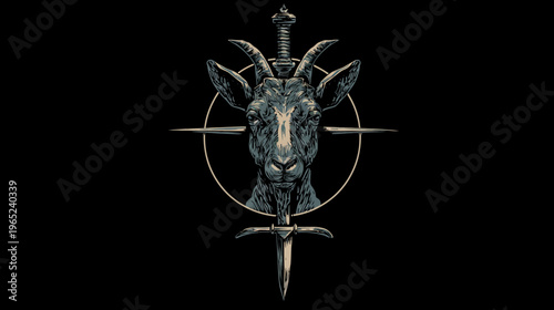 A stylized illustration features a goat's head pierced by a sword within a circle on a black background