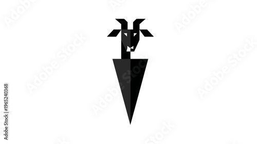 Geometric stylized image of a goat's head above a conical shape on a white background