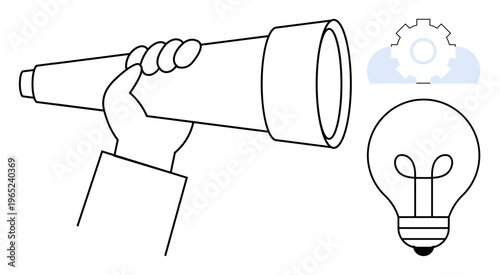 Innovation concept. Hand holding a telescope, lightbulb ideas, and gear icon innovation. Innovation drives exploration, creativity, and technology. For business, strategy startups inventions