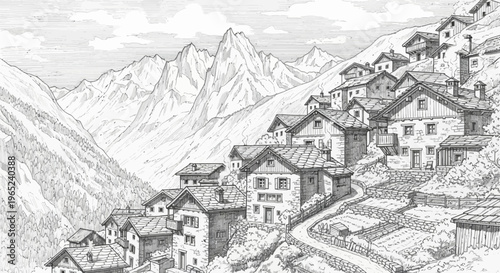 Detailed Pen and Ink Illustration of Alpine Village Houses on Mountain Slope