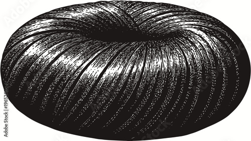 Textured, black elliptical mass with bright, curved striations on a white background